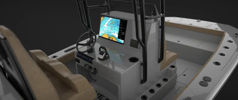 Slide: The Image of 2025 BlueCat 21 CC boat interior with navigation system and steering console. - 7