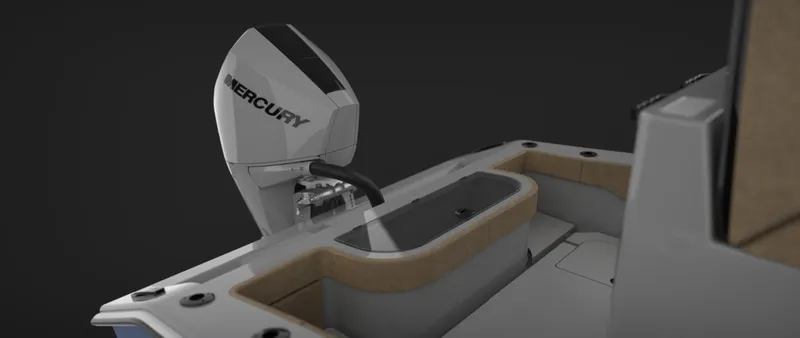 Slide: The Image of 2025 BlueCat 21 CC boat with Mercury outboard motor, sleek design, and spacious deck. - 8