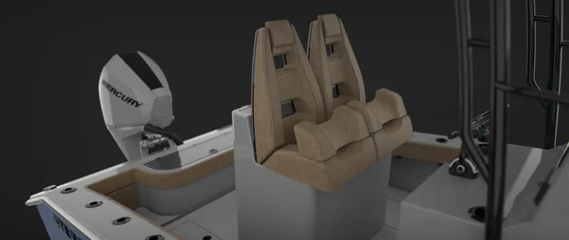 Slide: The Image of 2025 BlueCat 21 CC boat interior with dual seats and Mercury outboard engine. - 9