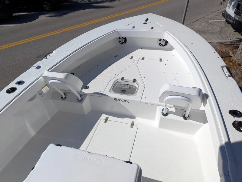 Slide: The Image of 2025 BlackJack 256 Coastal boat interior with seating and storage compartments. - 18