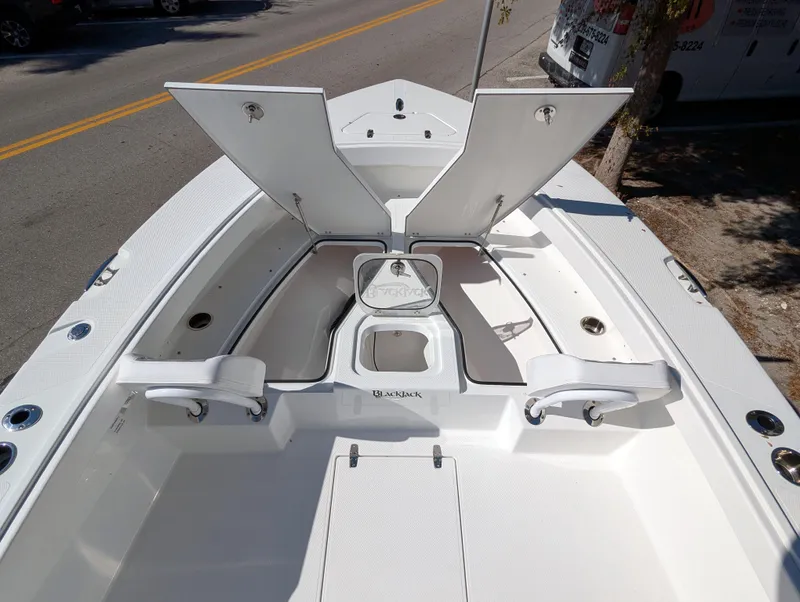 Slide: The Image of 2025 BlackJack 256 Coastal boat interior with open storage compartments. - 23
