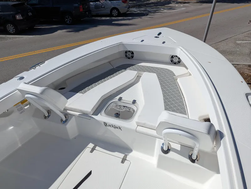 Slide: The Image of 2025 BlackJack 256 Coastal boat interior with seating and storage compartments. - 24