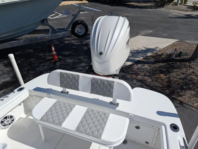 Slide: The Image of 2025 BlackJack 256 Coastal boat with dual seats and outboard motor. - 25
