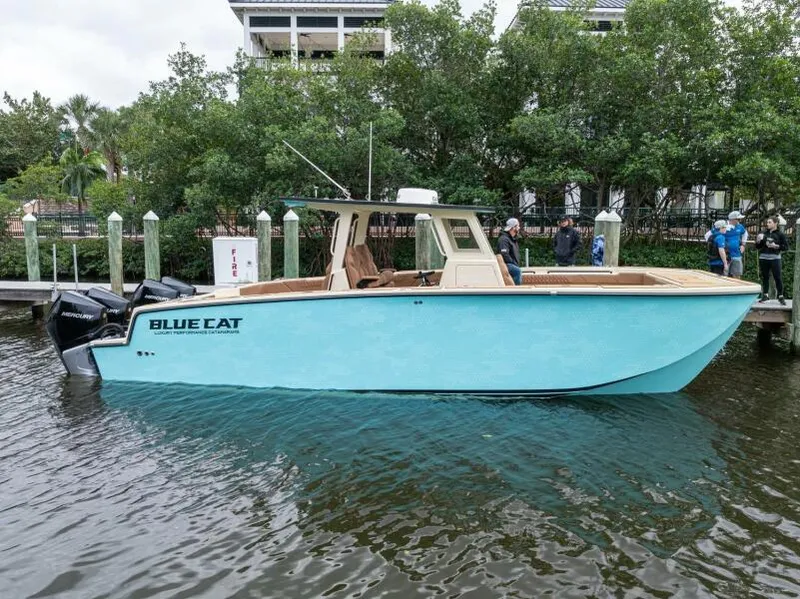 Slide: The Image of BlueCat 2025 boat, model 30 Fiberglass/30 Carbonfiber, docked in a marina. - 1