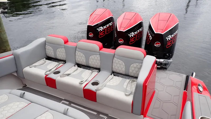 Slide: The Image of 2024 Statement 350 Open boat with quad racing engines and stylish seating. - 14