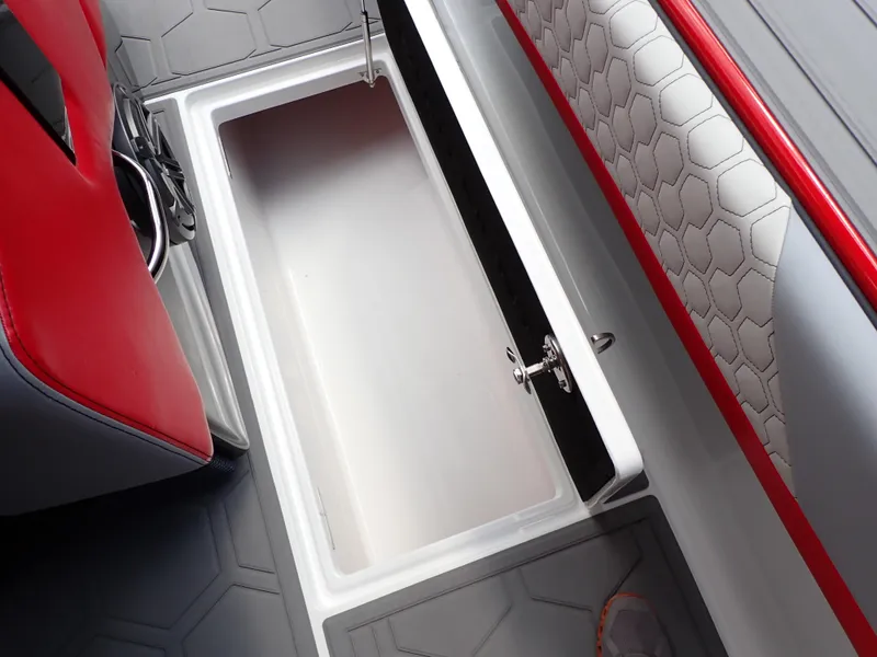 Slide: The Image of 2024 Statement 350 Open boat interior with storage compartment and red accents. - 46