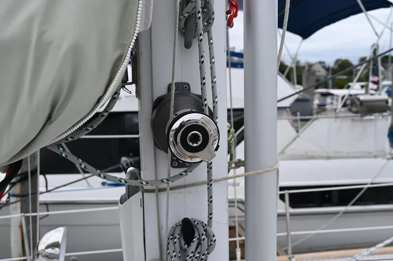 Slide: The Image of Close-up of a 1984 Southern Cross 39 sailboat mast with rigging details. - 18