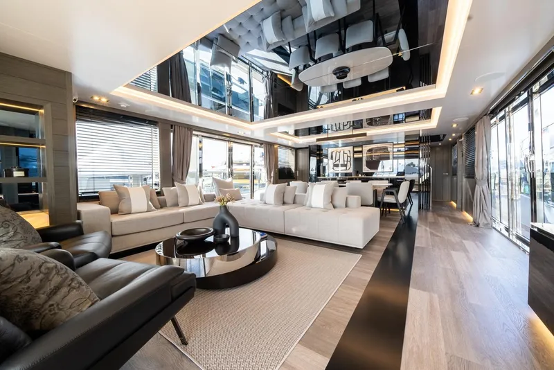 Slide: The Image of Luxurious interior of 2025 Pearl 95 yacht with modern furnishings and elegant design. - 24