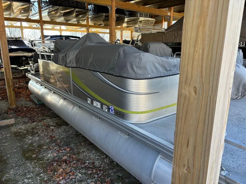 Slide: The Image of 2015 Apex Marine Qwest Adventure 820 Sport Cruise Adv pontoon boat in storage. - 8