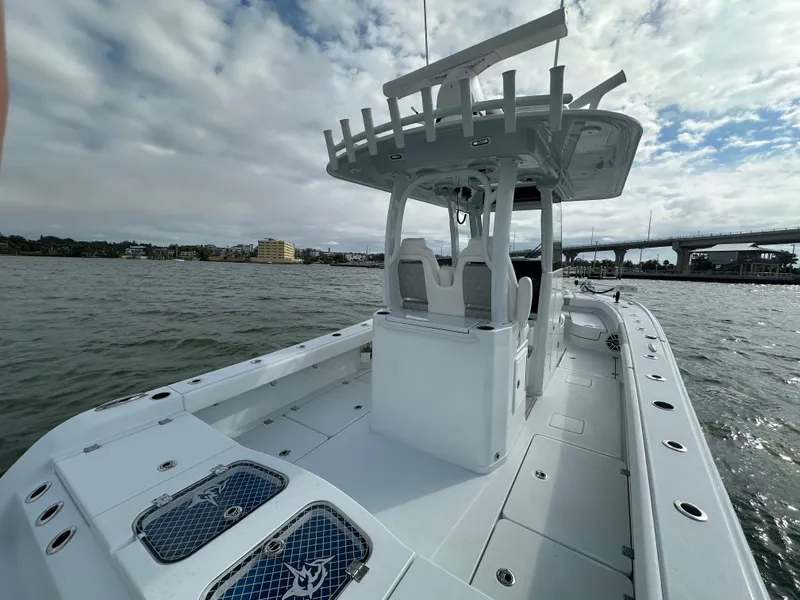 Slide: The Image of Freeman 28 boat on water, 2023 model, with spacious deck and modern design. - 38