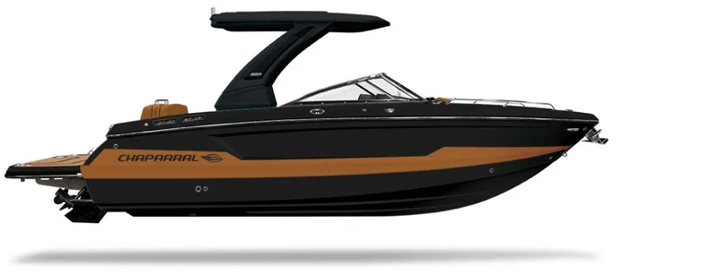 Slide: The Image of 2025 Chaparral 287 SSX boat, sleek black and orange design, side view. - 20