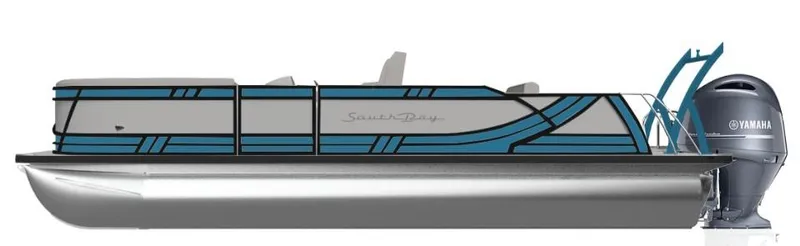 Slide: The Image of 2024 South Bay 500 pontoon boat with Yamaha engine, sleek design, blue accents. - 11