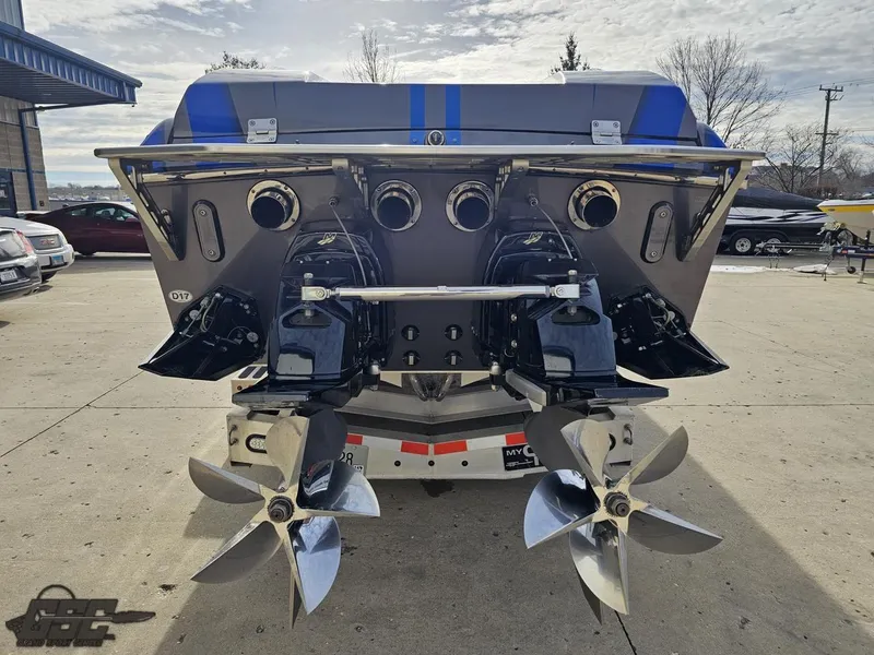 Slide: The Image of 2012 Cigarette 39' Top Gun Unlimited boat with dual propellers, rear view. - 29