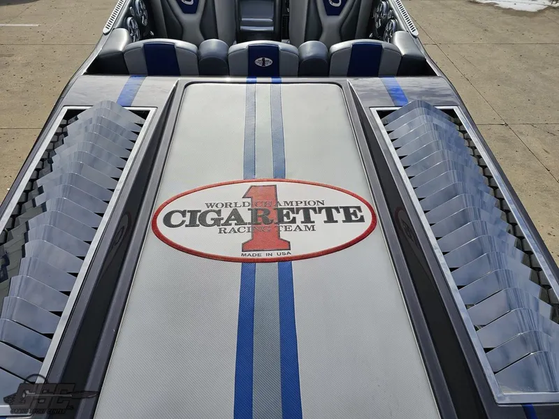 Slide: The Image of 2012 Cigarette 39' Top Gun Unlimited boat interior with racing team logo. - 35
