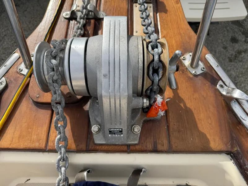 Slide: The Image of Anchor windlass on 1999 Island Packet 45 sailboat deck. - 14