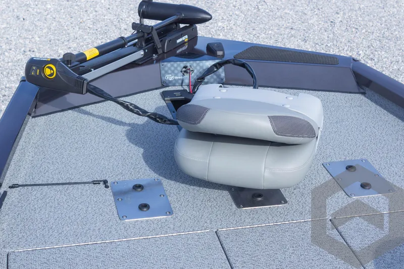 Slide: The Image of 2025 G3 Sportsman 1710 boat deck with seat and trolling motor. - 21