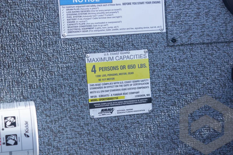 Slide: The Image of Capacity label on 2025 G3 Sportsman 1710 boat, max 4 persons or 650 lbs. - 35