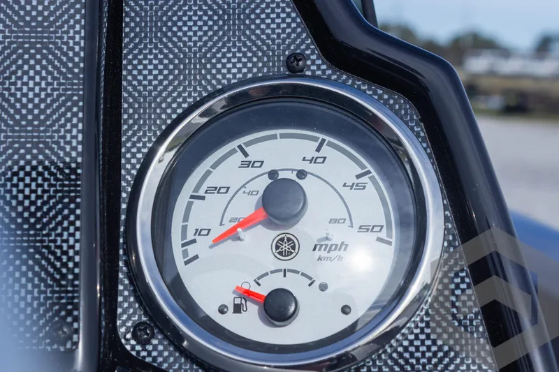 Slide: The Image of Close-up of 2025 G3 Sportsman 1710 speedometer, displaying mph and km/h. - 41