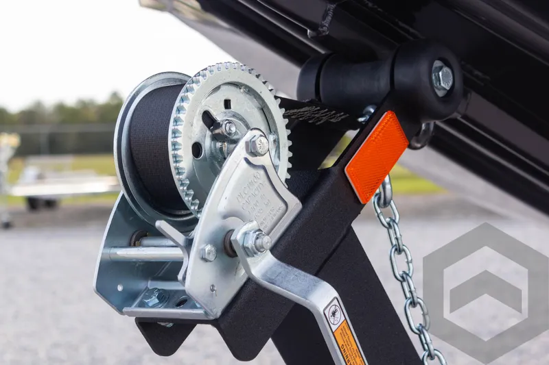 Slide: The Image of Close-up of a 2025 G3 Sportsman 1910 boat trailer winch mechanism. - 14