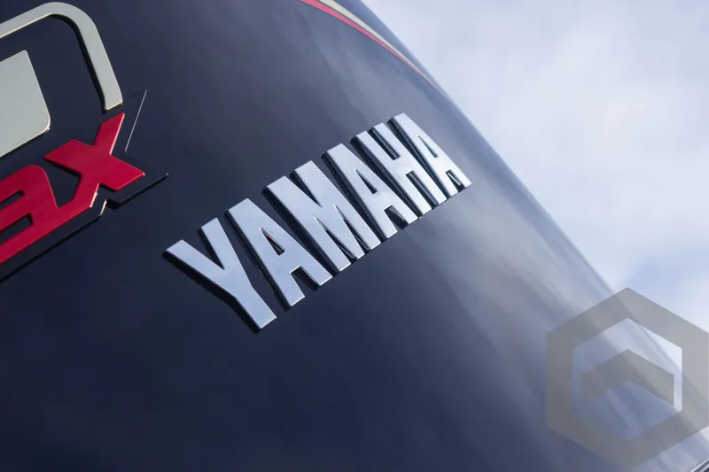 Slide: The Image of Close-up of Yamaha logo on 2025 G3 Sportsman 1910 boat. - 19