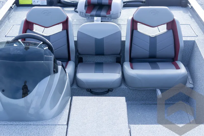 Slide: The Image of 2025 G3 Sportsman 1910 boat interior with gray and red seating. - 36