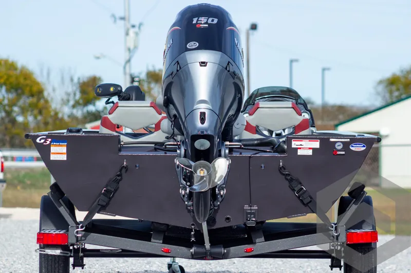 Slide: The Image of 2025 G3 Sportsman 1910 boat with powerful outboard motor, rear view. - 7