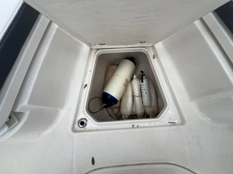 Slide: The Image of Storage compartment on 2019 Robalo R242 Explorer boat with fenders and ropes. - 17