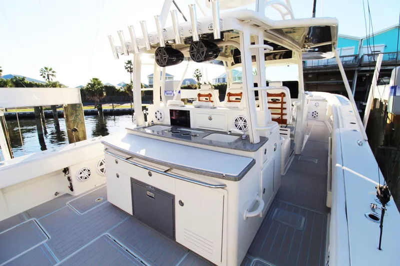 Slide: The Image of 2017 HCB Suenos boat interior with modern amenities and sleek design. - 14