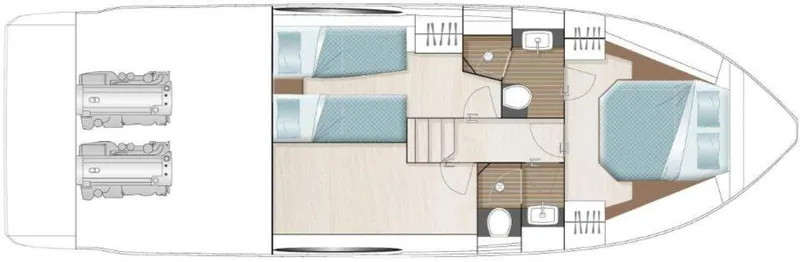 Slide: The Image of Floor plan of 2025 Sealine C390 yacht, featuring cabins, bathrooms, and engine layout. - 23