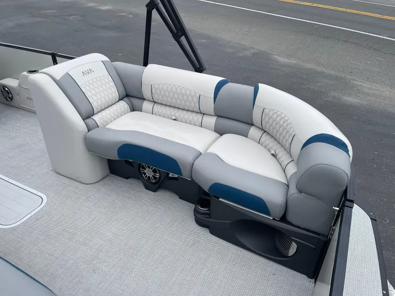 Slide: The Image of Luxurious seating on 2025 Avalon 2585 Excalibur LTD pontoon boat with premium upholstery. - 14