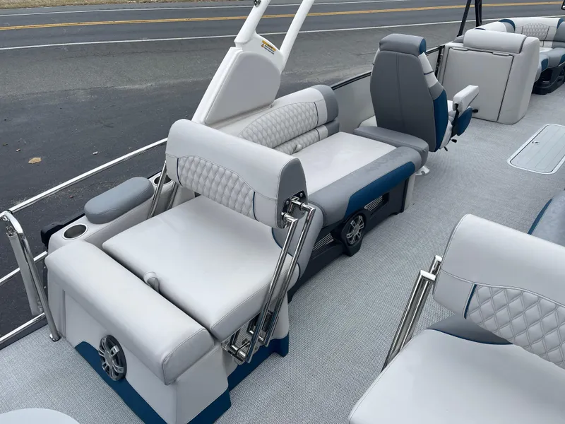 Slide: The Image of 2025 Avalon 2585 Excalibur LTD boat interior with luxurious seating and modern design. - 25
