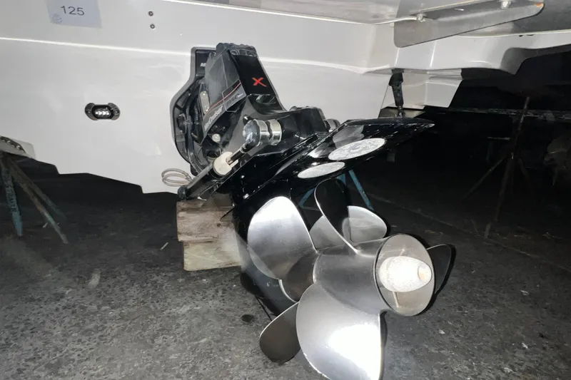 Slide: The Image of Close-up of 2017 Sea Ray 280 SLX boat propeller and stern drive. - 27