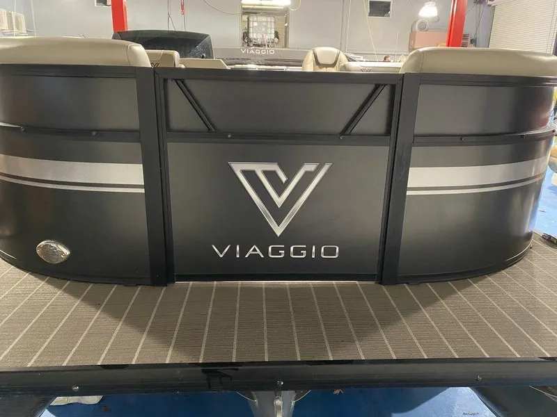 Slide: The Image of 2022 Viaggio Lago U L22U pontoon boat with sleek black design and logo. - 5