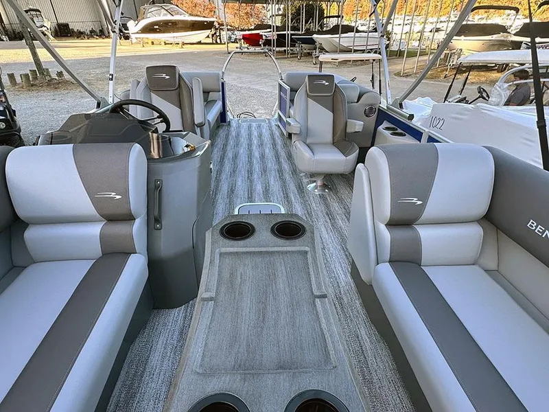 Slide: The Image of 2025 Bennington 21 S STERN RADIUS boat interior with gray and white seating. - 5