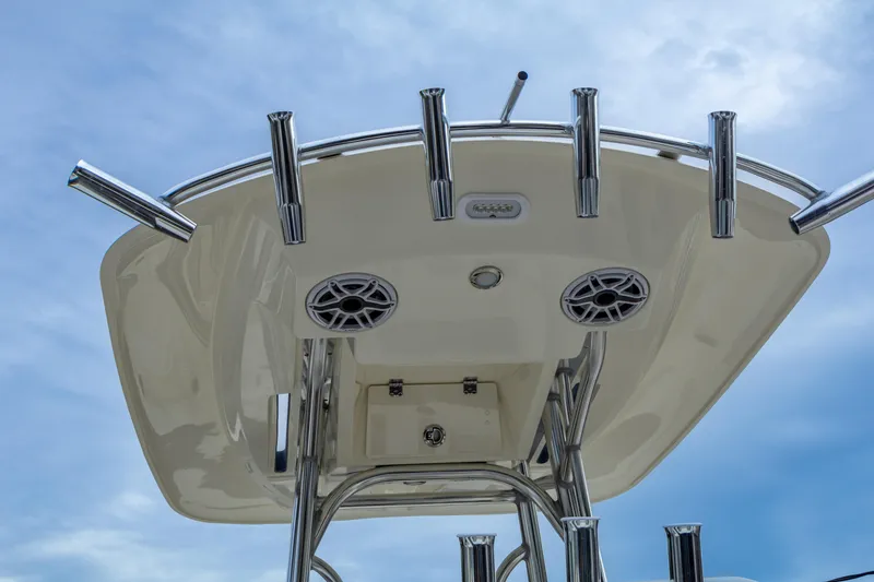 Slide: The Image of Pathfinder 2400 Open 2025 boat top view with rod holders and speakers. - 13