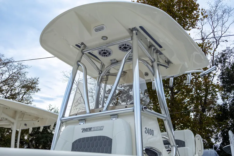 Slide: The Image of 2025 Pathfinder 2400 Open boat with T-top and speakers, viewed from below. - 5