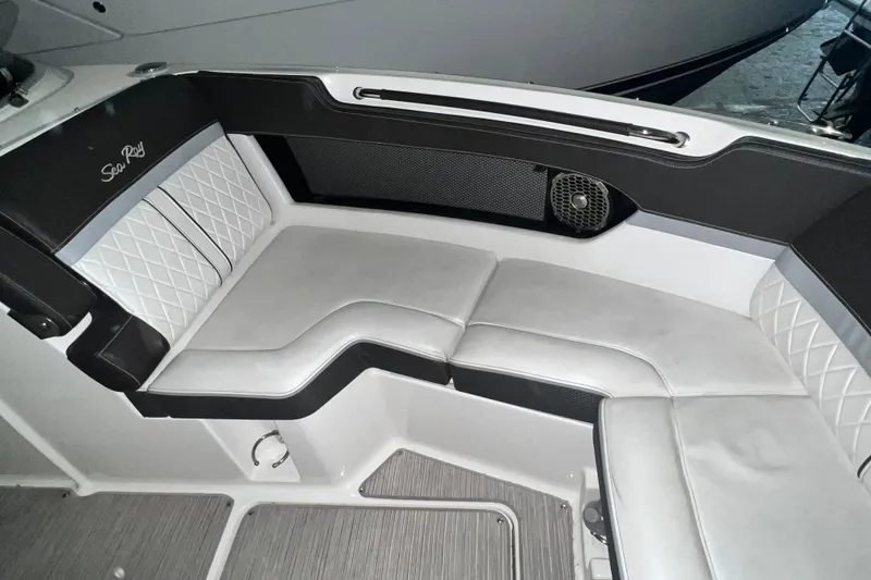 Slide: The Image of Luxurious seating on 2017 Sea Ray 280 SLX boat with quilted upholstery. - 17