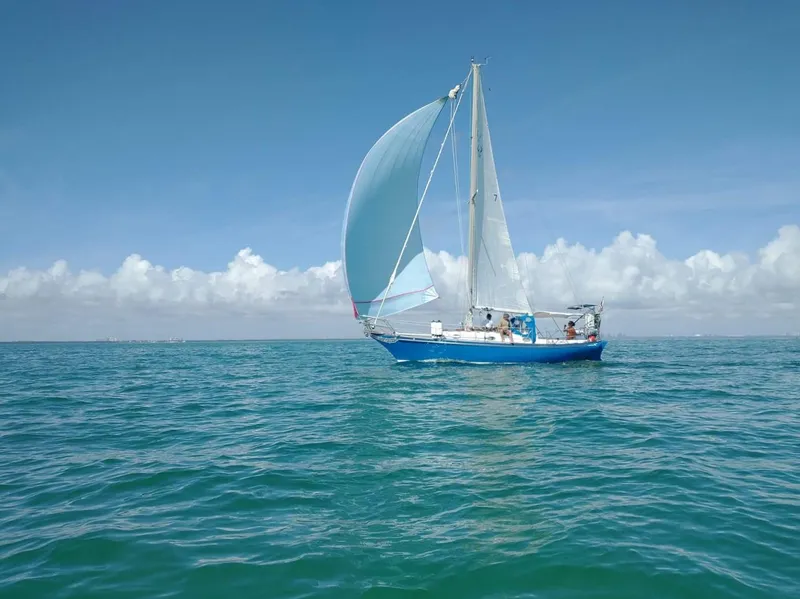 Slide: The Image of 1977 Ericson 31 sailboat on open sea under clear sky. - 3