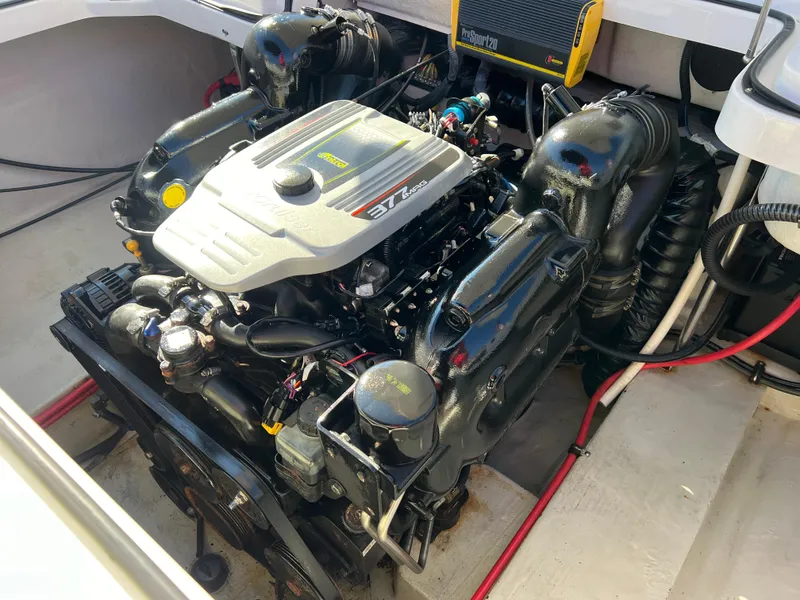 Slide: The Image of 2014 Cobalt R5 boat engine, detailed view of the 377 V8 motor. - 44