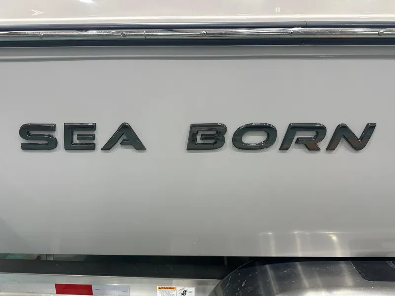 Slide: The Image of 2023 Sea Born FX 25 boat logo on white hull. - 14