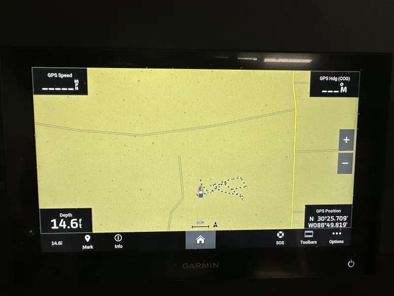 Slide: The Image of Garmin GPS display on 2023 Sea Born FX 25 boat, showing navigation and depth data. - 23