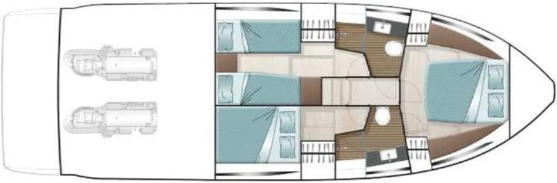 Slide: The Image of 2025 Sealine C430 yacht floor plan with three cabins and twin engines. - 49
