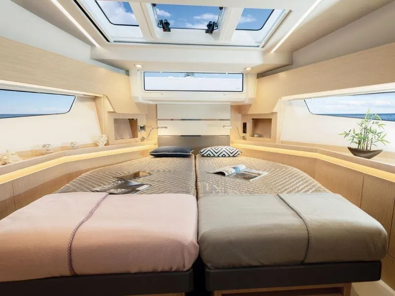 Slide: The Image of Luxurious interior of 2025 Sealine F430 yacht with skylight and modern design. - 28