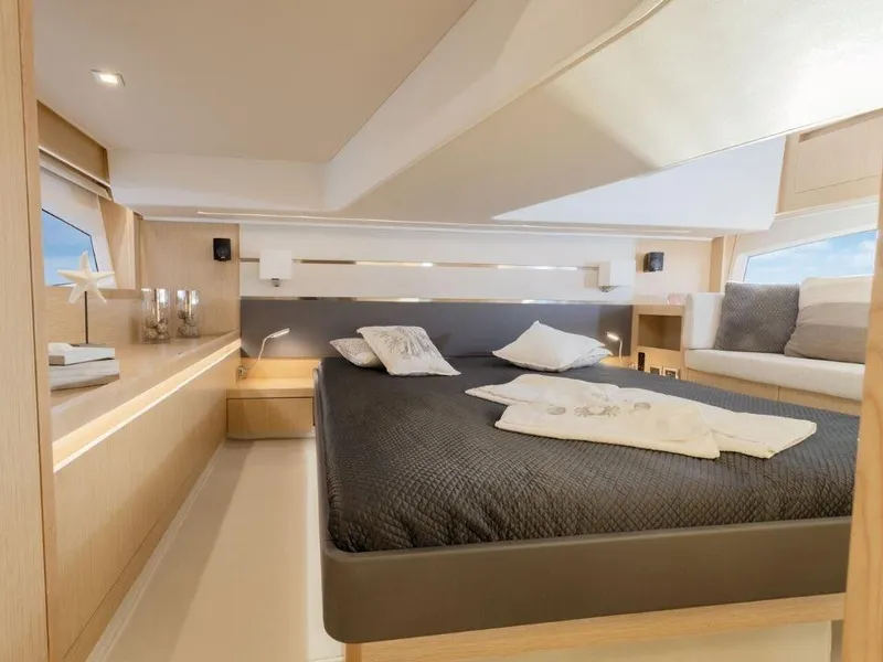 Slide: The Image of Luxurious bedroom interior of 2025 Sealine F430 yacht with modern design and elegant furnishings. - 36