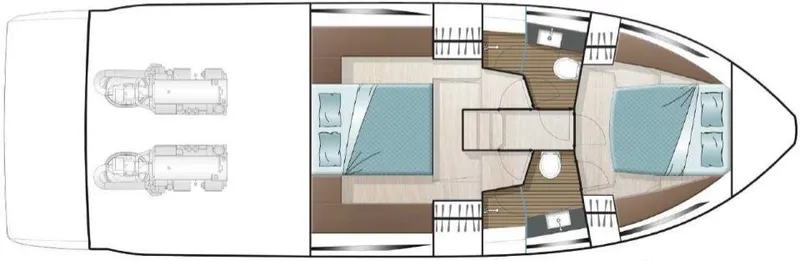 Slide: The Image of 2025 Sealine F430 yacht floor plan with two cabins and twin engines. - 42