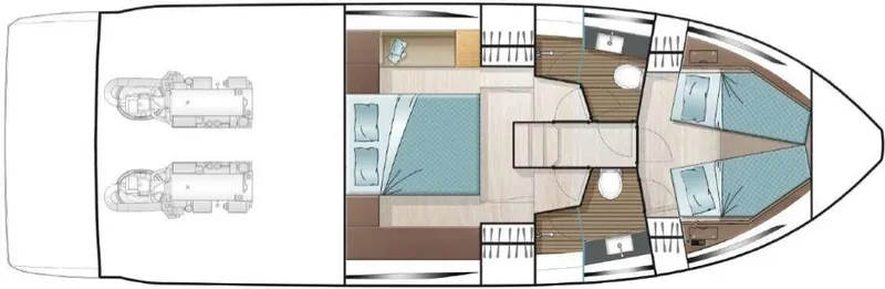 Slide: The Image of Floor plan of 2025 Sealine F430 yacht, featuring cabins and engine layout. - 43