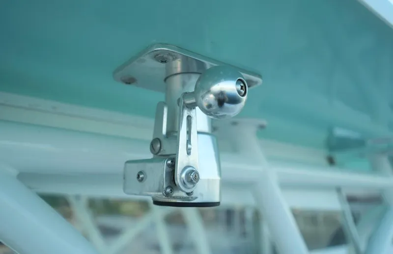 Slide: The Image of Close-up of a 2016 SeaHunter 41 Tournament boat component, showcasing metal hardware. - 10