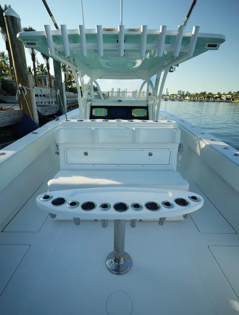 Slide: The Image of 2016 SeaHunter 41 Tournament boat interior with rod holders and helm station. - 15
