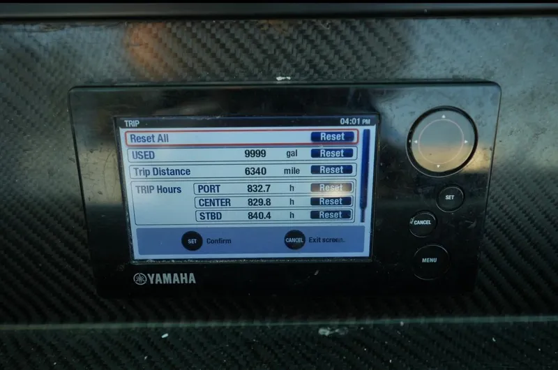 Slide: The Image of Yamaha display showing trip data on 2016 SeaHunter 41 Tournament boat. - 18