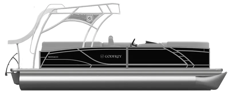 Slide: The Image of 2024 Godfrey Monaco 235SD pontoon boat, sleek design, side view, black and white color scheme. - 32
